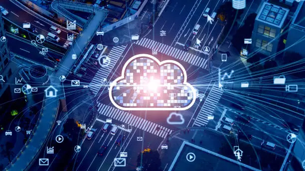 Photo of Transportation and technology concept. ITS (Intelligent Transport Systems). Cloud computing.
