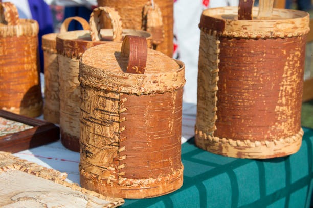 Birch-bark box.Hand baskets of birch bark. Birch barrels