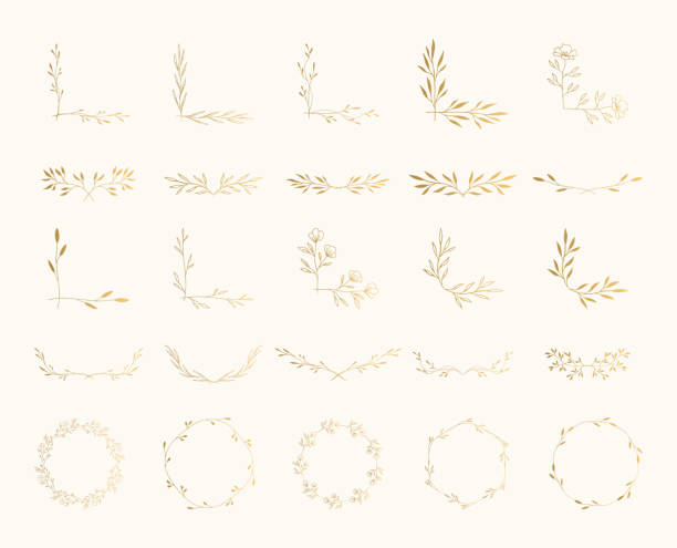istock Collection of nature decorative design elements. Golden corners, wreaths, dividers for wedding page decoration. Vector isolated illustration. 1256823150