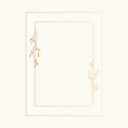 Golden rectangular frame with hand drawn herbs. Wedding ornate illustration. Vector.