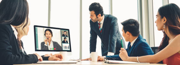 istock Video call group business people meeting on virtual workplace or remote office 1256824159