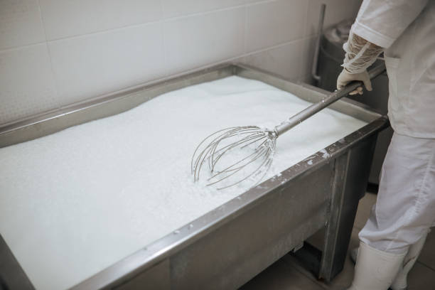 istock Close up of a cheesemaker is preparing a form of cheese using fresh and biologic milk 1256825379
