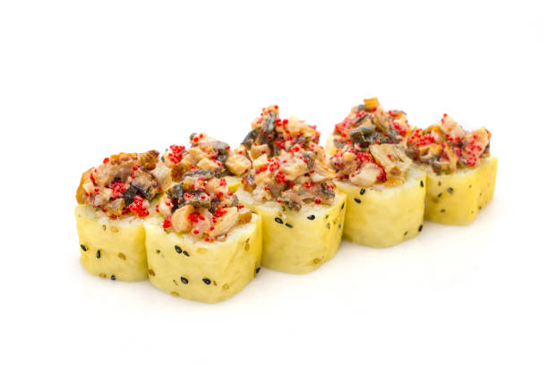 istock Sushi Roll wrapped in mamenori seaweed isolated on white background 1256827854