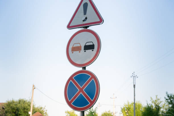istock Road signs one on one Attention, Overtaking is prohibited, Parking is prohibited on the background of the sky close-up 1256829262