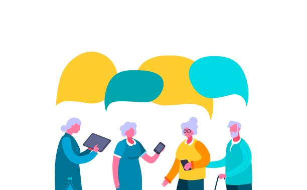 Older people discuss latest web chat speech bubble. Three elderly women and man communication. Older people discuss latest web chat speech bubble. Three elderly women and man communication with smartphones tablet share latest chat vector news from site over heads speech bubble. old man smiling stock illustrations