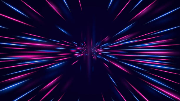 High speed neon hyper jump. Futuristic neon effect flying through space. High speed neon hyper jump. Futuristic neon effect flying through space bright dynamic glow red blue lines subspace flight of vector spacecraft to Orion constellation hyperpaint time tunnel. speed backgrounds stock illustrations