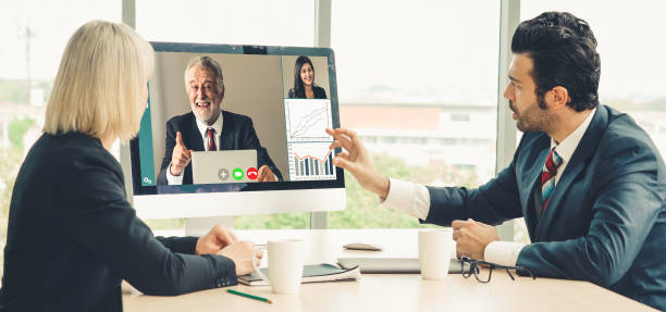 istock Video call group business people meeting on virtual workplace or remote office 1256832176