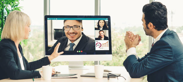 istock Video call group business people meeting on virtual workplace or remote office 1256832583
