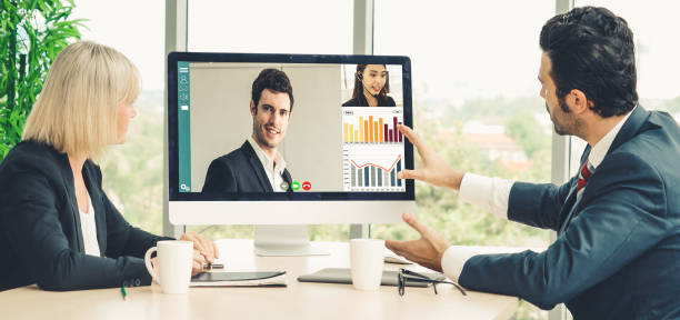 istock Video call group business people meeting on virtual workplace or remote office 1256834609