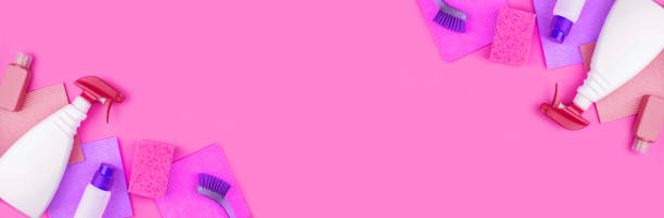 istock Banner made from cleaning products are on pink background. 1256835200