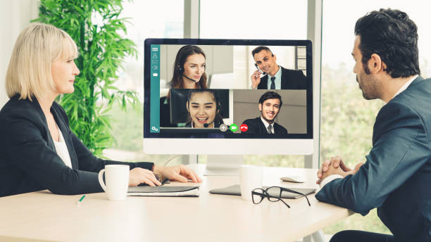 istock Video call group business people meeting on virtual workplace or remote office 1256836504