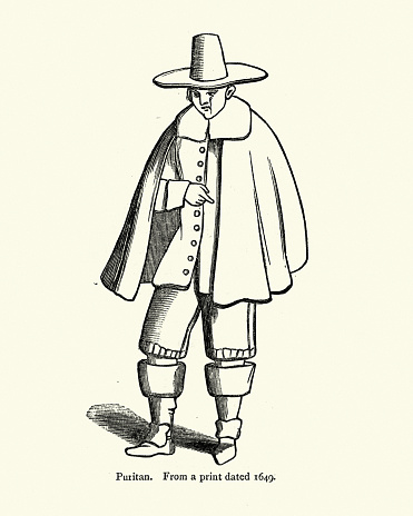 Vintage illustration of Costume of Puritan man, wide brimmed hat, boots, cloak, 17th Century fashion