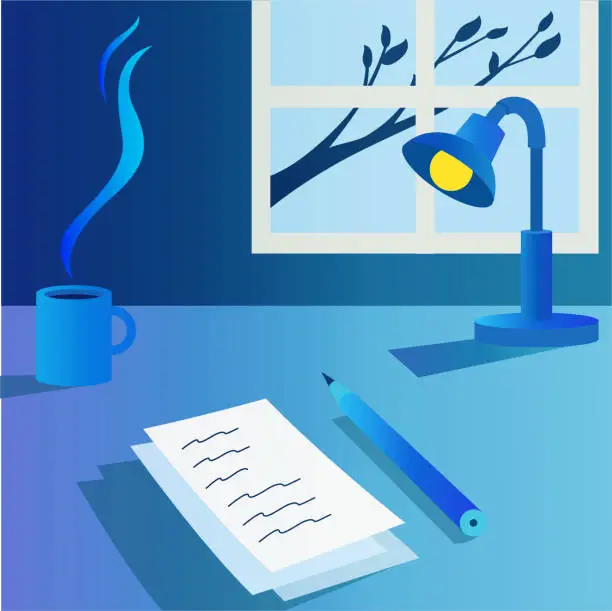 Vector illustration of Work desk with paper and a reading lamp