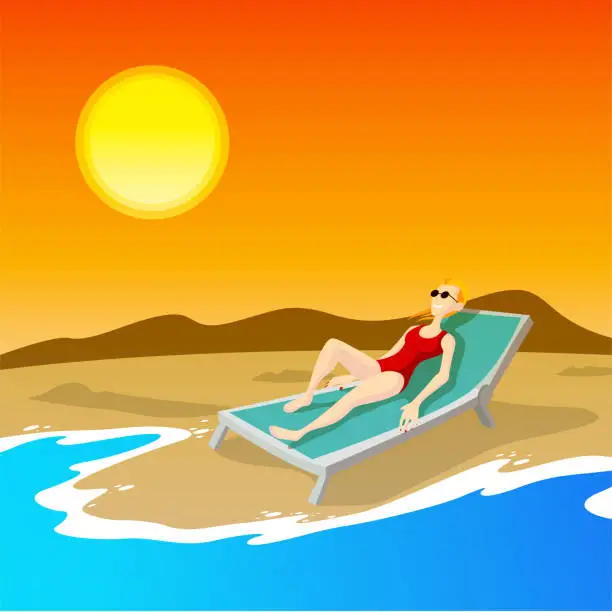 Vector illustration of Young woman lying on deckchair