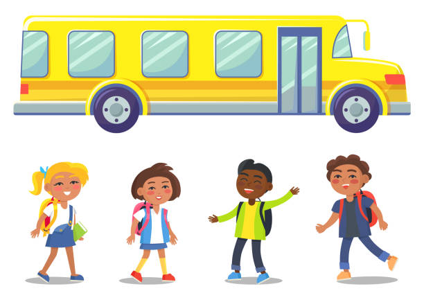 illustrations, cliparts, dessins animés et icônes de autobus scolaire jaune et vecteur de groupe d’enfants - bus child waiting education