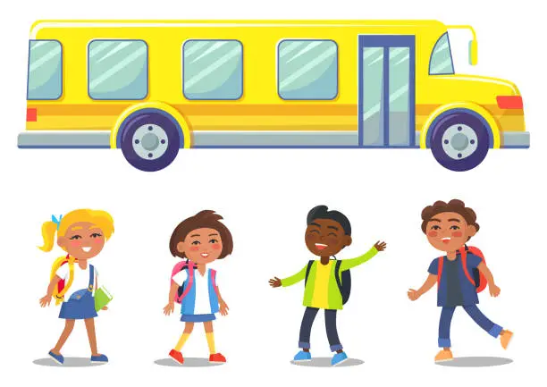 Vector illustration of Yellow School Bus and Group of Children Vector