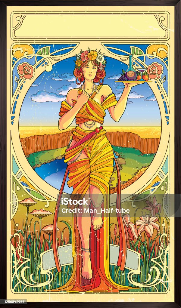 Art Nouveau Poster. modern style illustration Beautiful woman, symbol of summer and fertility Art Nouveau stock vector