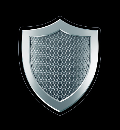 Designed in technological style metallic shield isolated on black background. 3D-rendering graphics.