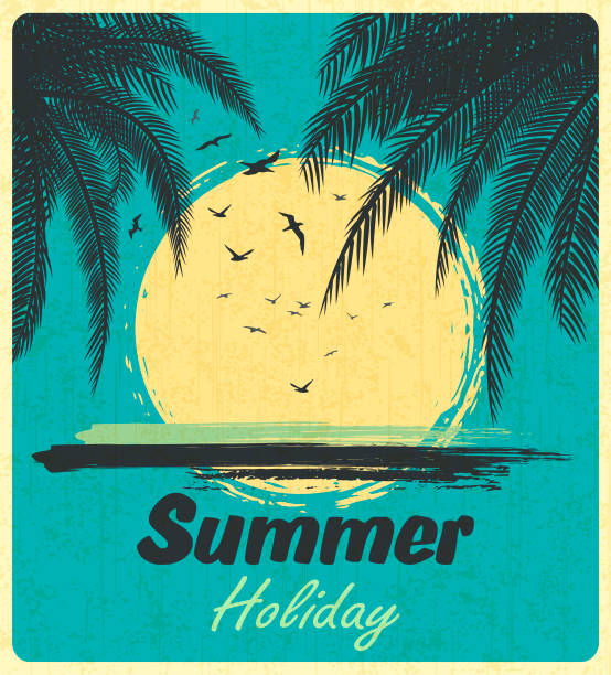 Sunset Sunrise with Beach Palm Trees of Ocean Island. Retro Summer Poster in Old Design Style.