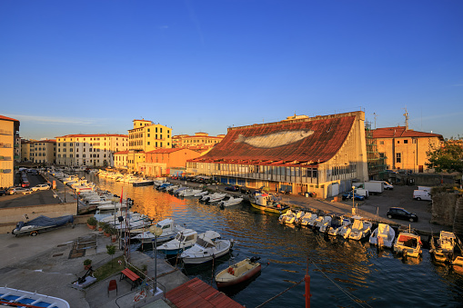 Fish market and sea canal in Livorno Italy