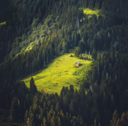 Idyllic nature landscape with old isolated lonely small wooden cottage hut surrounded with forest in the mountains in Black Sea Region, Turkey. Get away and escape from this world for the quiet calm solitary souls concepts.