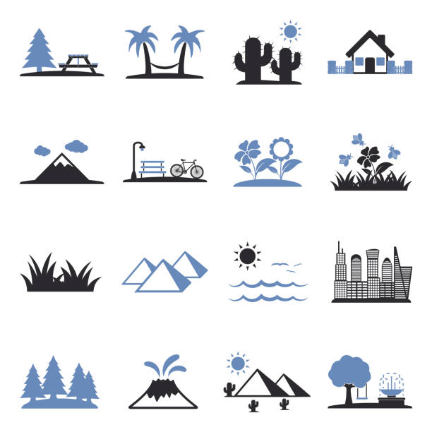 Landscape Icons. Set 2. Two Tone Flat Design. Vector Illustration. Nature, Outdoors, Buiding field non urban scene sky landscape stock illustrations