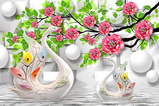 3d mural illustration Golden swan on water with decorative floral background Jewelery, 3d ball\npeacock, 3d, decorative, christmas, decoration, white, abstract, gold, ball, holiday, xmas, celebration, winter, blue, snow, silver, design, art, light, card, new, ornament, jewelry, pattern, shiny, beautiful, pearls, multicolor, watercolor, blossom, wall art, modern art, retro, branch, colorful, tree, beauty, bird, decor, vintage, wall, graphic, background, flower, illustration, pink