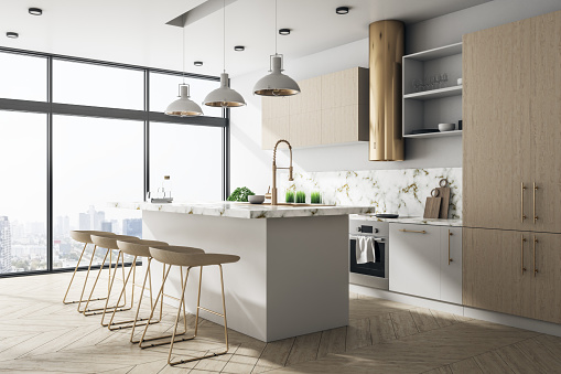 Wooden loft kitchen interior with furniture, city view and sunlight. 3D Rendering