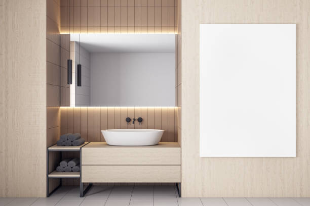 istock Bathroom with blank billboard on wall and self care products. 1256850083