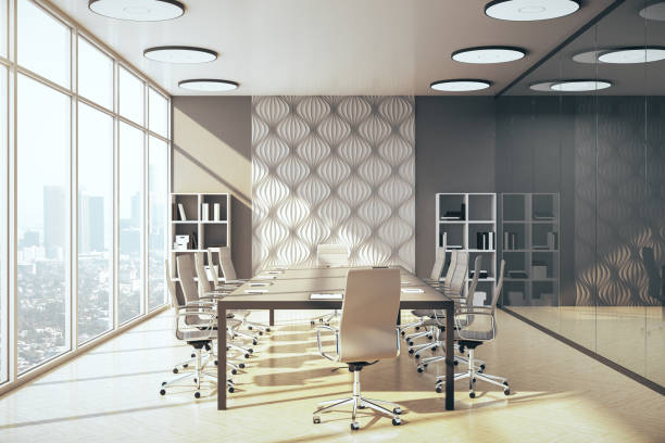 istock Conference office room with panoramic megapolis city view. 1256850105