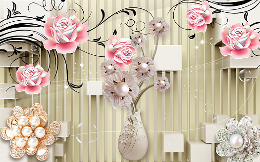 3d white vase with golden pearl jewelry and flowers . simple decorative wood wallpaper . Suitable for use on a wall frame\ntableau, abstract, 3d, flower, floral, jewelry, golden, 3d illustration, 3d illustrations, 3d rendering, 3d wallpaper, art, background, beautiful, blossom, botanical, bouquet, brown, butterfly, color, colorful, decor, decoration, decorative, design, digital, fashion, geometric, graphic, illustration, love, luxury, nature, paper, pattern, pink, retro, romantic, rose, seamless, silk, silver, spring, style, summer, texture, valentine, wall, wallpaper, white