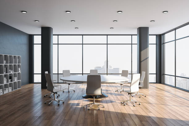 istock Modern meeting room with panoramic city view 1256850228
