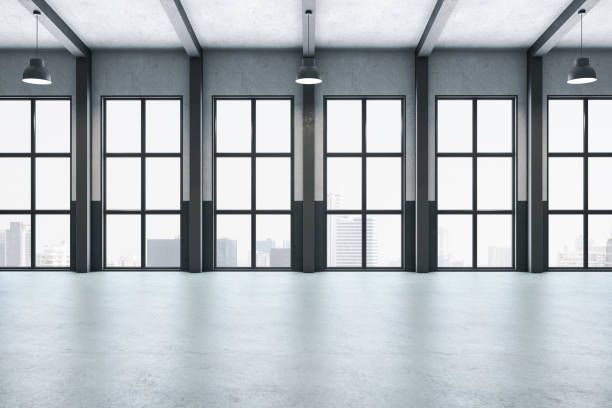 istock Modern gallery interior with columns and city view. 1256850602