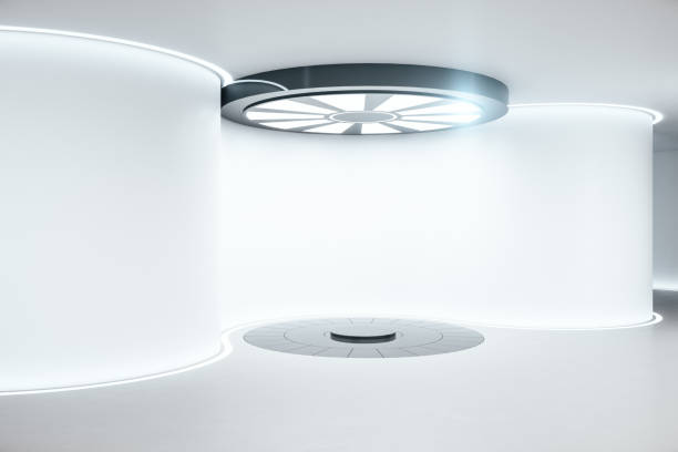 istock Futuristic futuristic concrete space ship interior with light. 1256851293