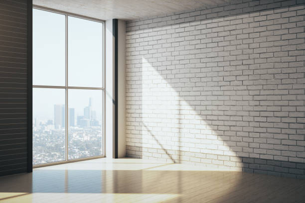 istock Minimalistic gallery with city view 1256851488