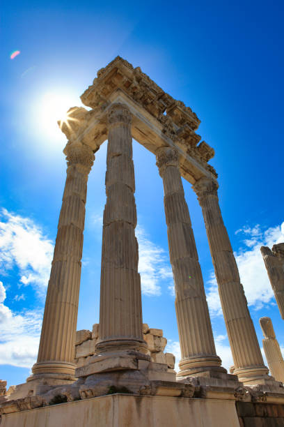 Temple of Trajan, Pergamon, Bergama, Izmir, Turkey Built on a conical hill rising above the surrounding valley, Pergamum (or Pergamon) was an important capital city in ancient times (dates back to 11th century). ancient rome stock pictures, royalty-free photos & images