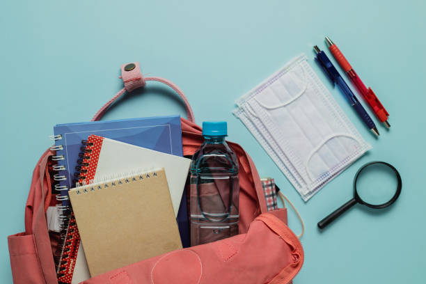 istock Learning supplies with hygiene face mask in a pink student backpack 1256855537