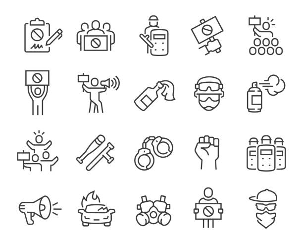 ilustraciones, imágenes clip art, dibujos animados e iconos de stock de conjunto de protestas e iconos de la revolución. trazo vectorial editable - activista