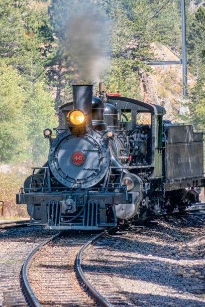 Locomotive of Leadville, Colorado and Southern Train September 29, 2019 - Close-up of locomotive of the Leadville, Colorado and Southern Railroad is a tourist railroad based in Leadville, Colorado against fall colors leadville stock pictures, royalty-free photos & images