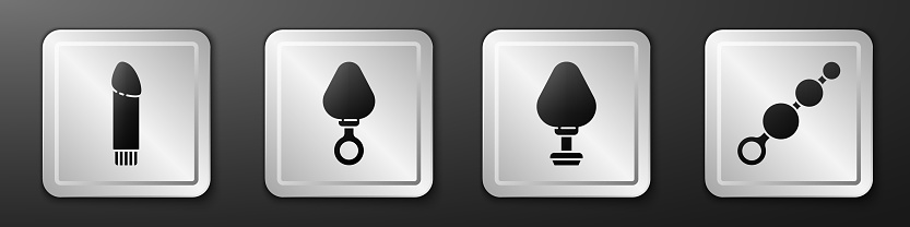 Set Dildo vibrator, Anal plug, Anal plug and Anal beads icon. Silver square button. Vector