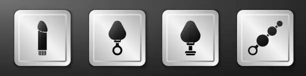 Vector illustration of Set Dildo vibrator, Anal plug, Anal plug and Anal beads icon. Silver square button. Vector