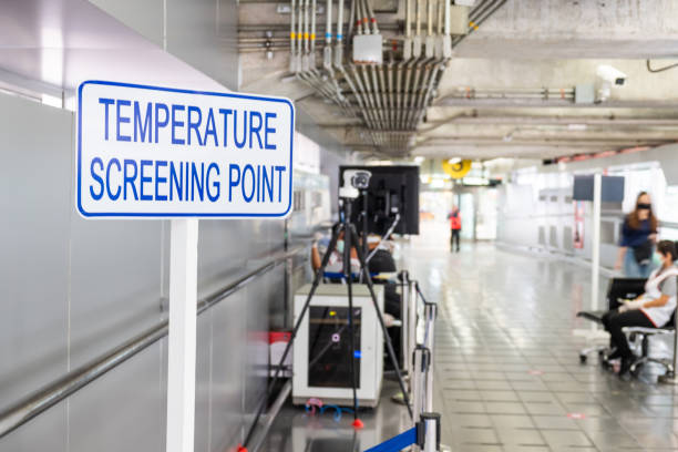 mise au point sélective au panneau devant l’entrée du terminal de l’aéroport. point de contrôle de température avec caméra de détection thermique pour scanner et vérifier la température corporelle pour prévenir le coronavirus. - body care business healthcare and medicine looking at camera photos et images de collection