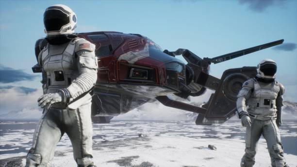 istock An astronaut-scientist studies a new unusual planet covered with ice and snow. Animation for fantasy, futuristic or space travel backgrounds. 3D Rendering. 1256865861
