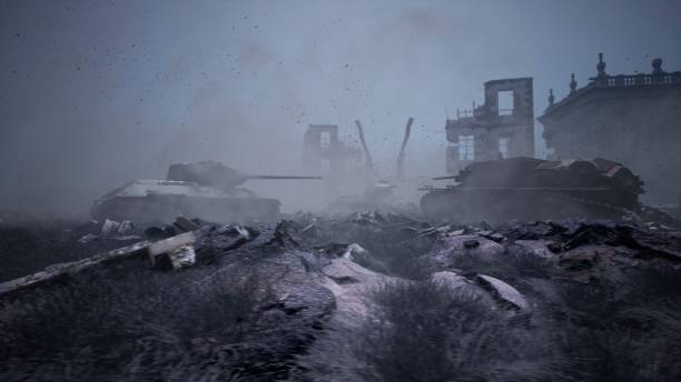 istock Military tanks from the second world war lie smashed on the battlefield next to human remains and the ruins of houses. The concept of war and the Apocalypse. 3D Rendering 1256865875