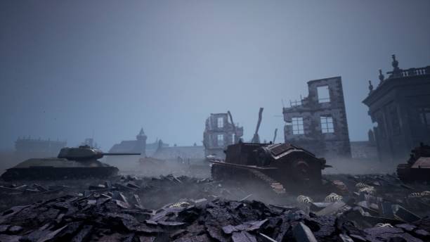 istock Military tanks from the second world war lie smashed on the battlefield next to human remains and the ruins of houses. The concept of war and the Apocalypse. 3D Rendering 1256865883