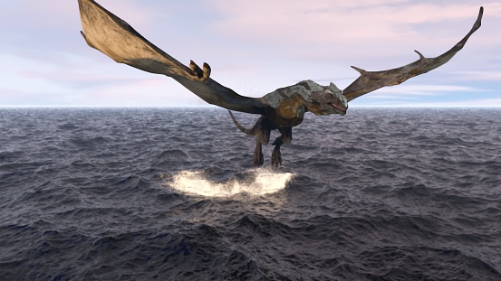 Realistic big dragon takes off over the morning ocean. Animation for fabulous, fiction or fantasy backgrounds.