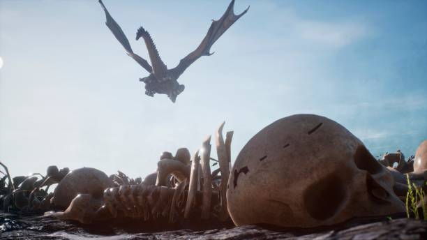istock Large dragons fly over the battlefield with human bones lying on it. 3D Rendering 1256865913