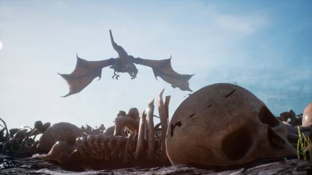 istock Large dragons fly over the battlefield with human bones lying on it. 3D Rendering 1256865916