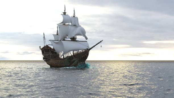 um navio pirata medieval navegando em um vasto oceano azul. conceito de aventuras marítimas na idade média. renderização 3d - galleon - fotografias e filmes do acervo