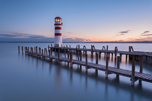 Summer sunset impression of lighthouse at Lake Neusiedl (Podersdorf am See, Burgenland, Austria)